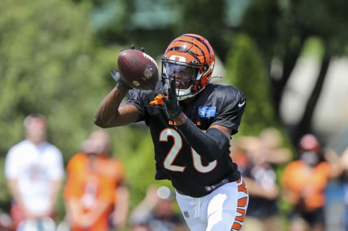 Aug 7, 2022; Cincinnati OH, USA; Cincinnati Bengals safety Tycen Anderson (26) runs drills during training camp at Kettering Health Practice Fields. Mandatory Credit: Katie Stratman-USA TODAY Sports